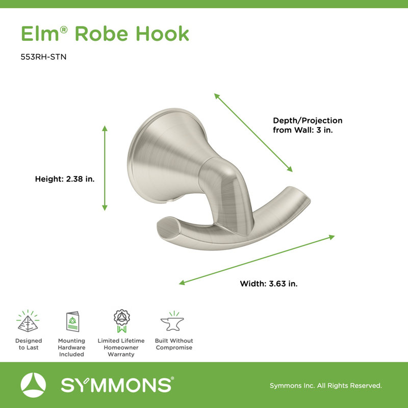 Elm Wall Mounted Robe Hook with Installation Hardware, Satin Nickel