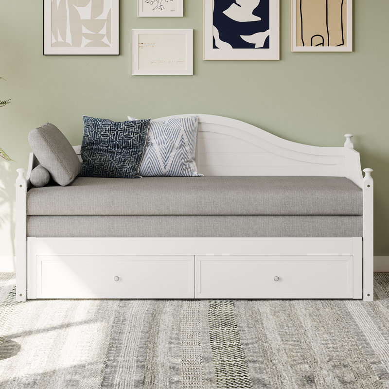Lit simple en bois avec canapé-lit et tiroirs de rangement, Blanc