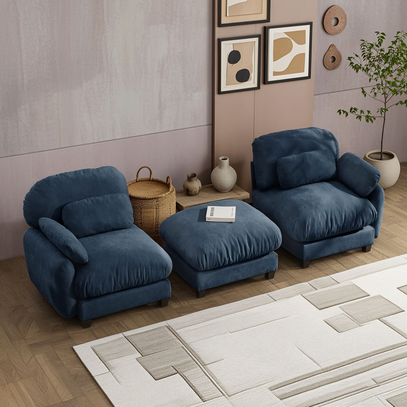 Canapé d'angle modulable deux places avec pouf, Bleu