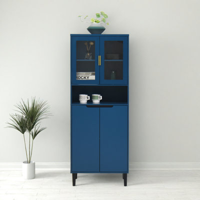 63" Tall Storage Bookcase – Tempered Glass Doors, 4 Doors MDF Cabinet with Adjustable Shelves for Living Room & Bedroom