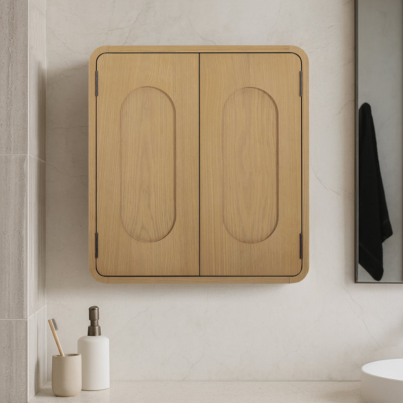 Solid Wood Wall Cabinet with Adjustable Shelf and Recessed Pull Channels for Bathroom or Kitchen Storage, Natural