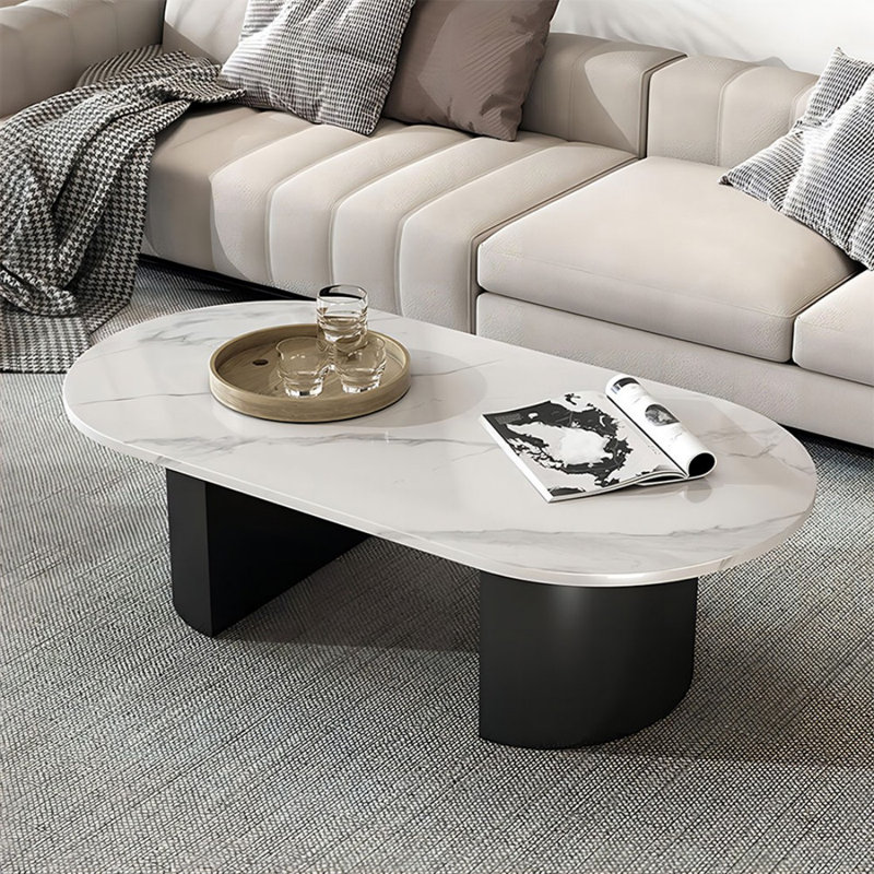 Table basse ovale en fer fritté blanc et noir, H 17,72 po x L 62,99 po x l 31,5 po, Blanc