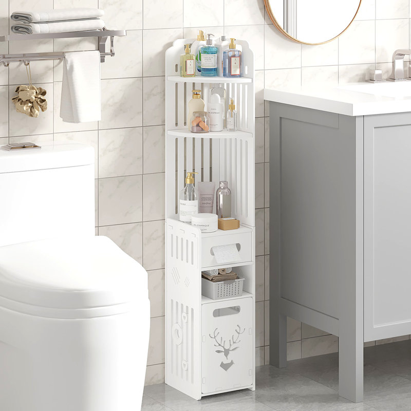Slim Bathroom Storage Cabinet with Toilet Paper Holder, Corner Floor Standing Organizer, Narrow Triangle Freestanding Cabinet for Small Bathroom, Living Room, Kitchen, Bedroom