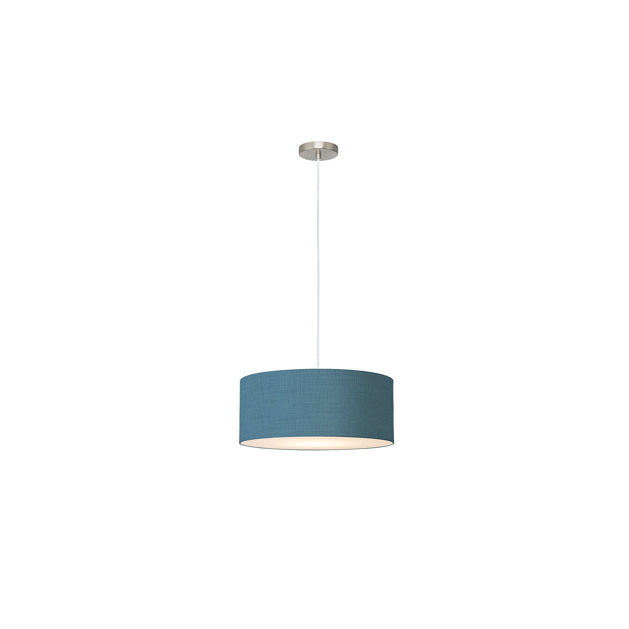 Stretch Pendant, 22" White Linen Drum Shade, Satin Nickel, Dimmable, Turquoise