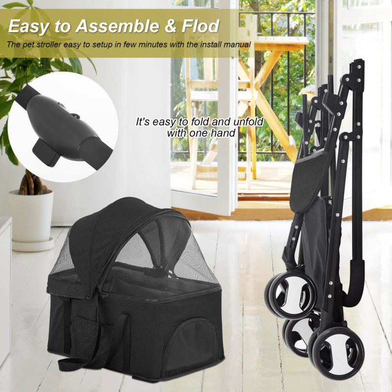 Black Linen and Stainless Steel Pet Stroller with Detachable Carrier
