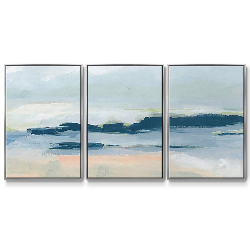 «Matala Coast I», reproduction sur toile 3 pièces, H 40 po x l 78 po x P 2 po, Argent