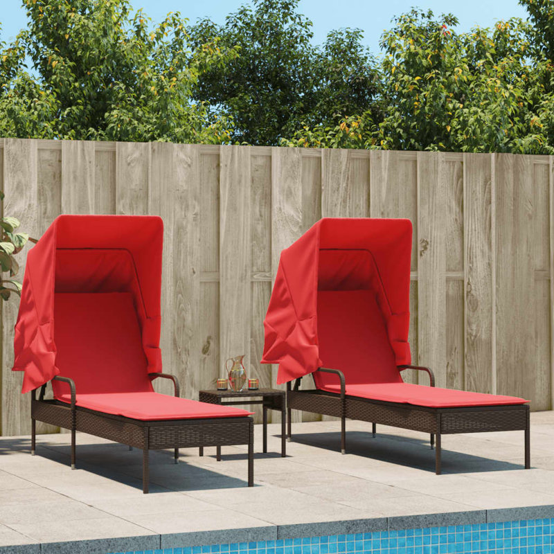 Hokku Designs Sun Loungers 2 Pcs With Canopies And Table Brown Poly Rattan, Red/Brown