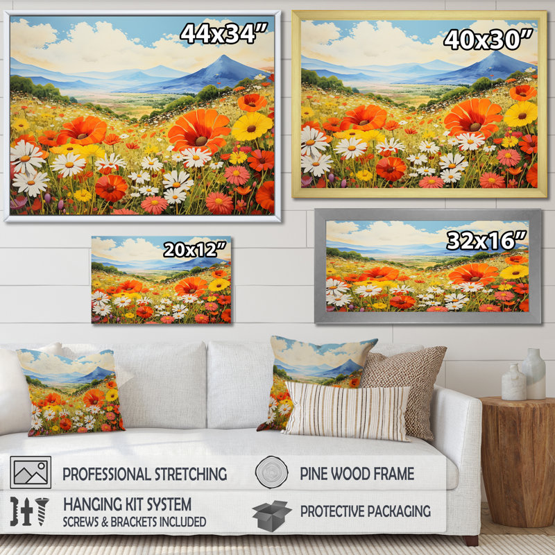 Charme de fleurs sauvages dans un paysage de montagne I, Cadre flottant noir, 34" H x 44" W