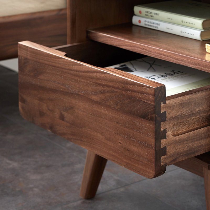 Table de chevet compacte en bois massif H 20,5 "avec tiroir et tablette ouverte MCM, Noyer américain, Individuel