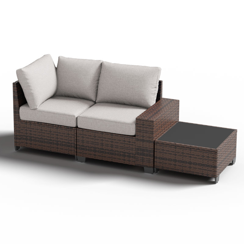 2 -Person Rattan Patio Safo With Cushions, Gray, Brown
