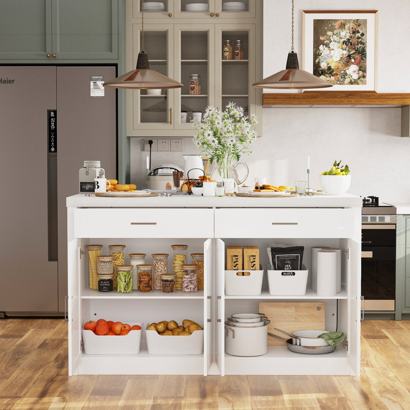 Îlot de cuisine l 61 po avec sièges, prise de courant, ports USB, 2 tiroirs, 2 armoires à deux portes , Blanc