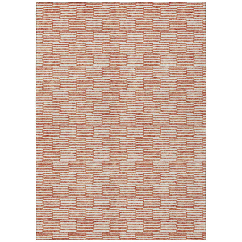 3' X 5' Salmon And Ivory Geometric Washable Indoor Outdoor Area Rug