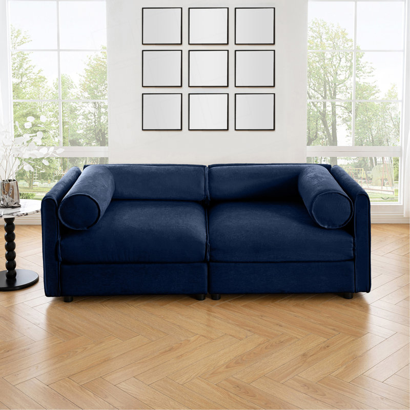 Élégant canapé 2 places en chenille bleue avec siège de rangement, dossier cylindrique et accoudoirs, causeuse moderne en tissu avec espace de rangement caché