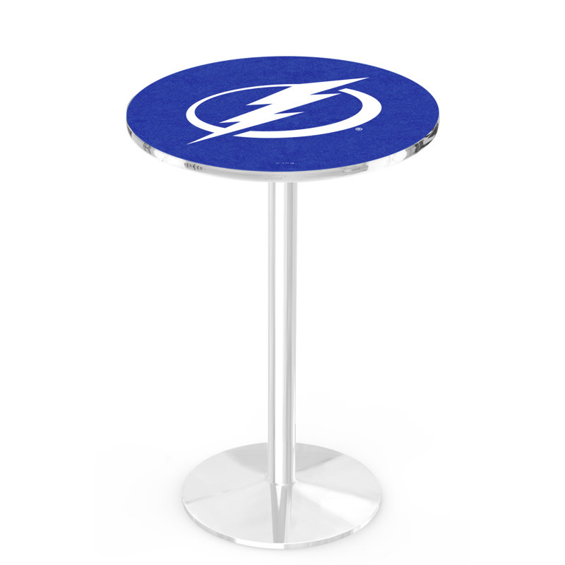 NHL Round Metal Base Dining Table, Chrome, Tampa Bay Lightning