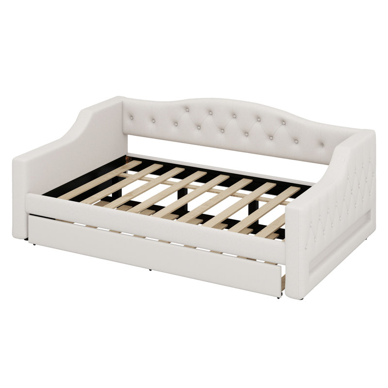 Upholstered Daybed With LED Belt And Trundle, Beige
