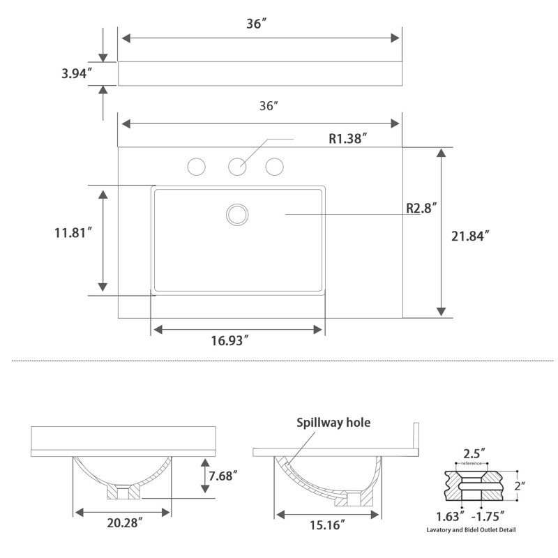 Plateau de meuble-lavabo simple 36 po avec lavabo en quartz 36 po