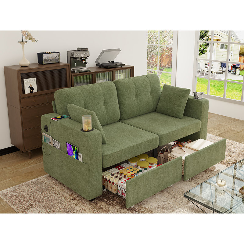 68'' Chenille Sofa With Multi-Functional Armrests, Green