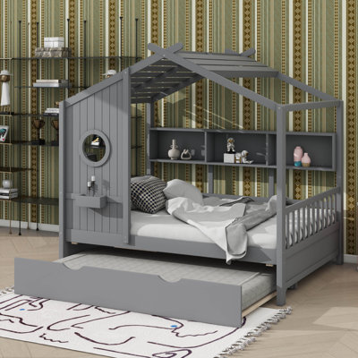 Lit de style contemporain contemporain en bois pleine grandeur, avec lit gigogne et tablette de rangement