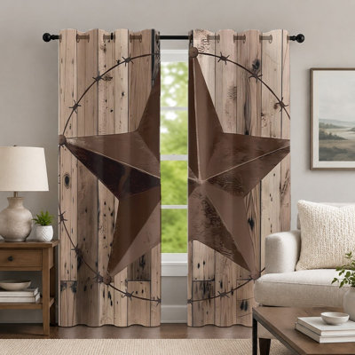 2Pcs Western Style Curtains, Rustic Wood Grain Print Curtain, Vintage Star Pattern with Barbed Wire Graphic Grommet Drapes, Window Treatment for Bedroom Living Room Decor