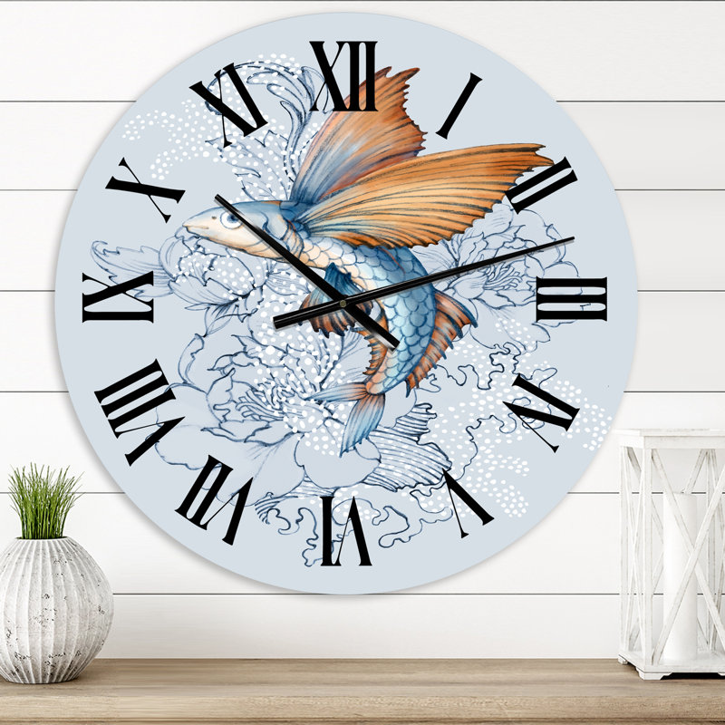 Poisson volant sur pivoines - horloge murale traditionnelle, Moyen