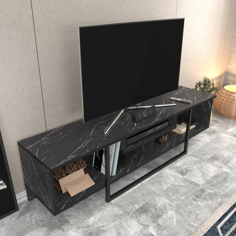 Meuble télé moderne noir 59,1 po x 13,9 po x 15,7 po | 100% panneau de particules enduit de mélamine, épaisseur: 0,7 pouce | Design industriel en marbre, parfait pour le salon et les espaces de divertissement, élégant et durable