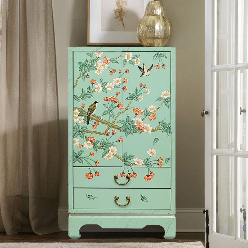 Armoire de rangement en bois massif avec art peint à la main