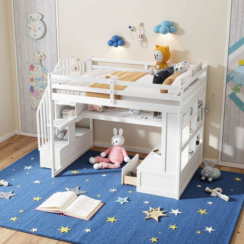 Lit mezzanine double compact avec bureau intégré, tablettes et 2 tiroirs de rangement - blanc et naturel, Blanc