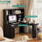 L Shaped Desk with Charger,Computer Desk with Drawers,Bookshelf,Modern Corner Desk,Home Office Desk,L-Shaped Study Table Writing Desk,Carbon fiber Gaming Computer Desk with Storage,Black