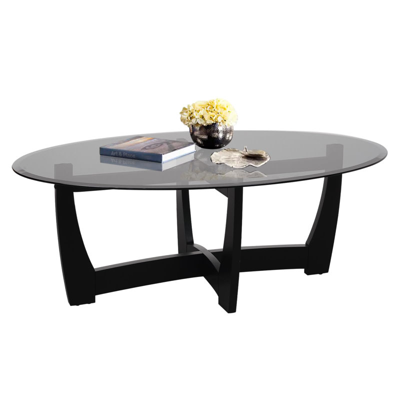 Table basse 48 po ovale en verre avec base en bois, noir, Noir, Noir