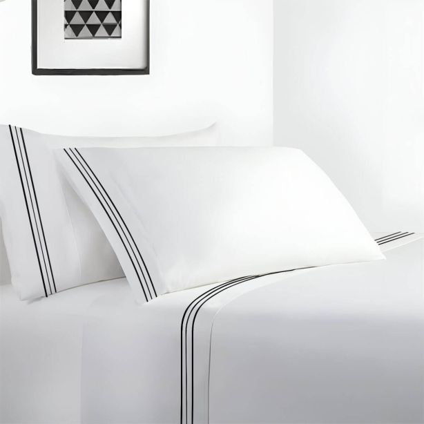 400TC Cotton Sateen Classic Embroidery Cotton 4 Piece Sheet Set Fitted Sheet Fits Upto 16" Deep Pocket, Black, Twin Sheet Set