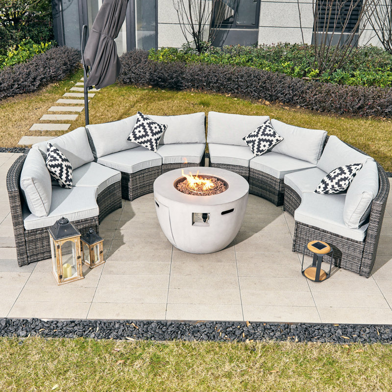 Billington 8 - Person Outdoor Steel Wicker Fire Pit Conversation Set - Gray