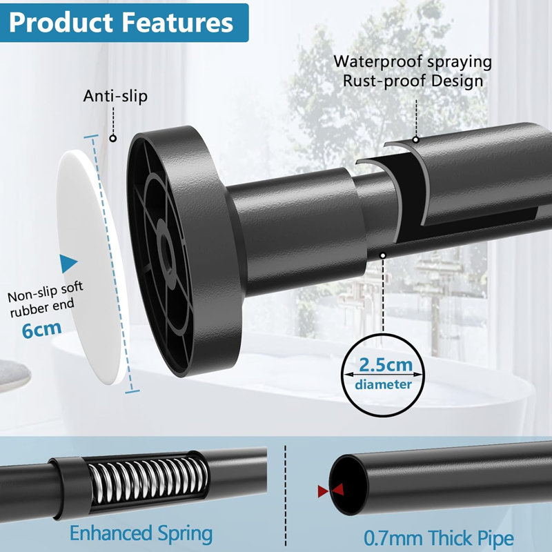 48cm Straight Tension Shower Curtain Rod & Hook Set, Matte Black