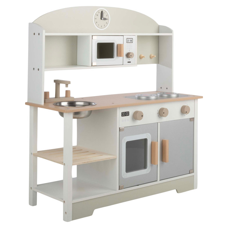 White and Gray Wooden Toddler Kitchen Playset with Accessories