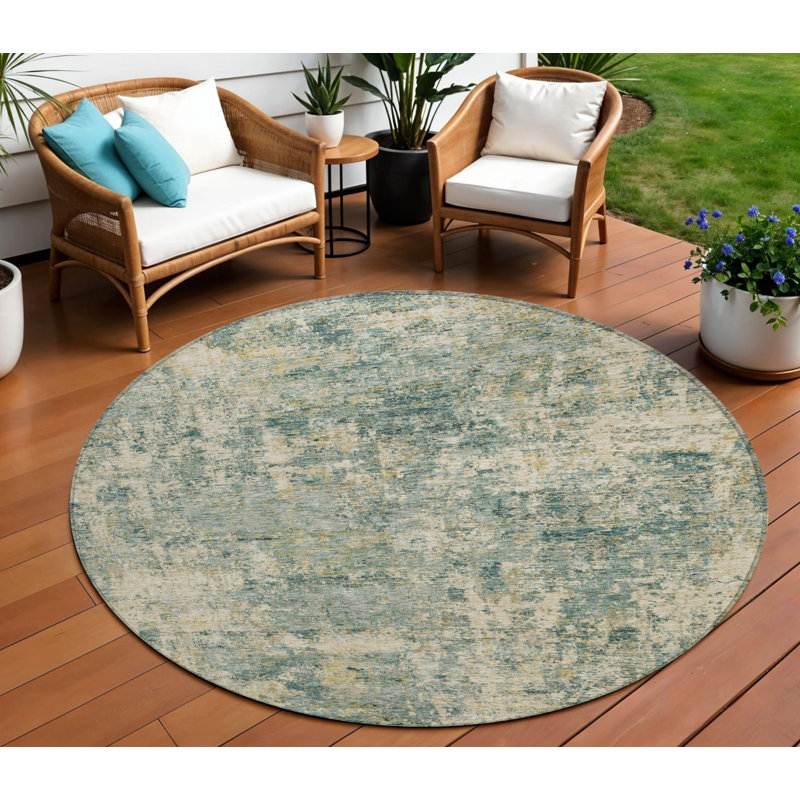 Tapis intérieur / extérieur rond 8 po vert et bleu sarcelle lavable abstrait