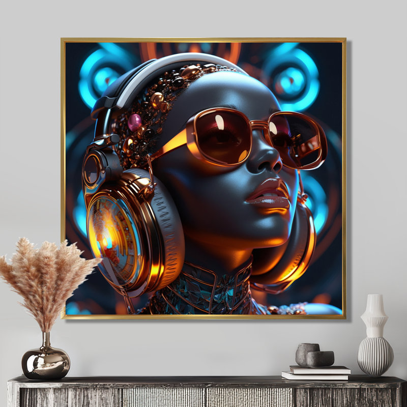 «Cool Afro DJ», reproduction d'art mural, H 30 po x l 30 po x P 1 po, Toile avec cadre flottant or