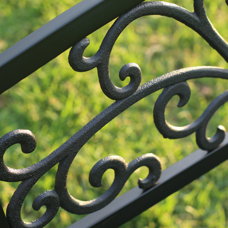 Black Metal Outdoor Garden Bench with Ornate Backrest