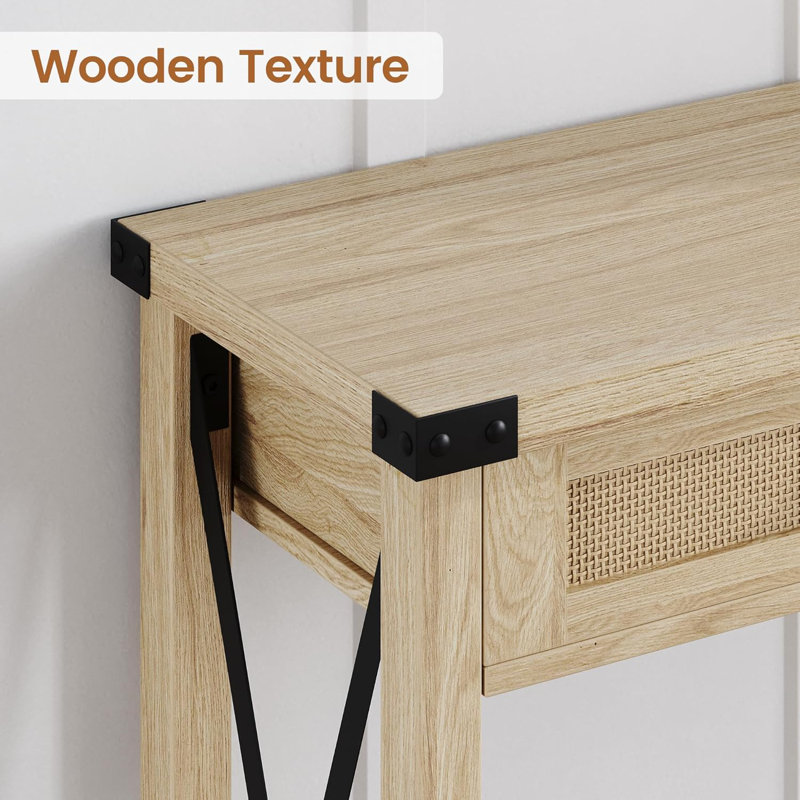 43" Boho Entryway Table With Rattan Drawers, Rustic Wood Console Table With Storage For Living Room, Hallway, Foyer, Natural