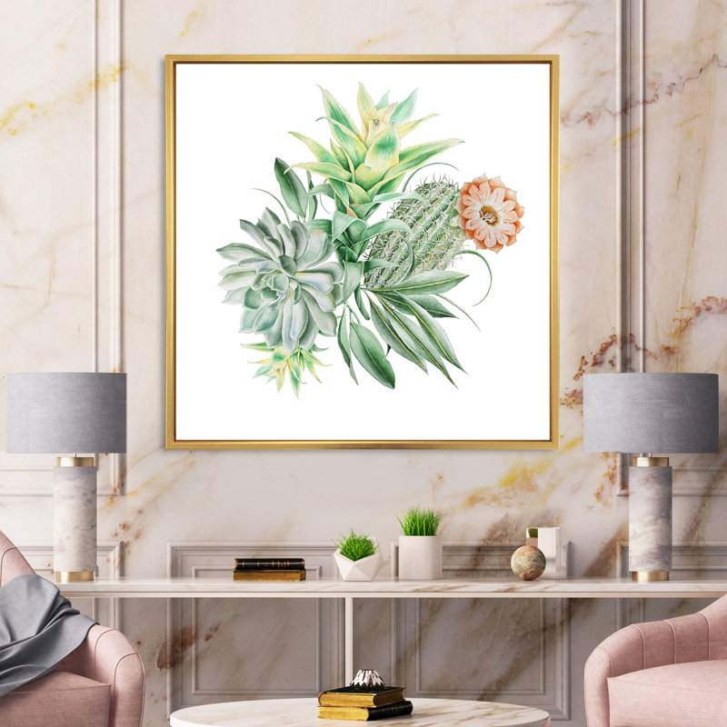 Bouquet de cactus et de plantes grasses - Peinture sur toile, H 16 po x l 16 po x P 1 po, Cadre flottant doré