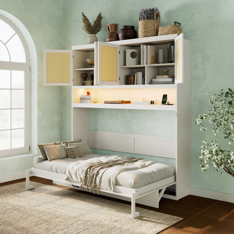 Lit escamotable avec armoire supérieure et lit escamotable peu encombrant avec éclairage et USB, Blanc