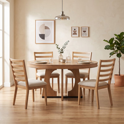 Ensemble de salle à manger rond extensible 5 pièces avec 4 chaises, rallonge amovible de 40 cm et piètement géométrique audacieux – Ensemble de salle à manger rétro pour cuisine et salle à manger