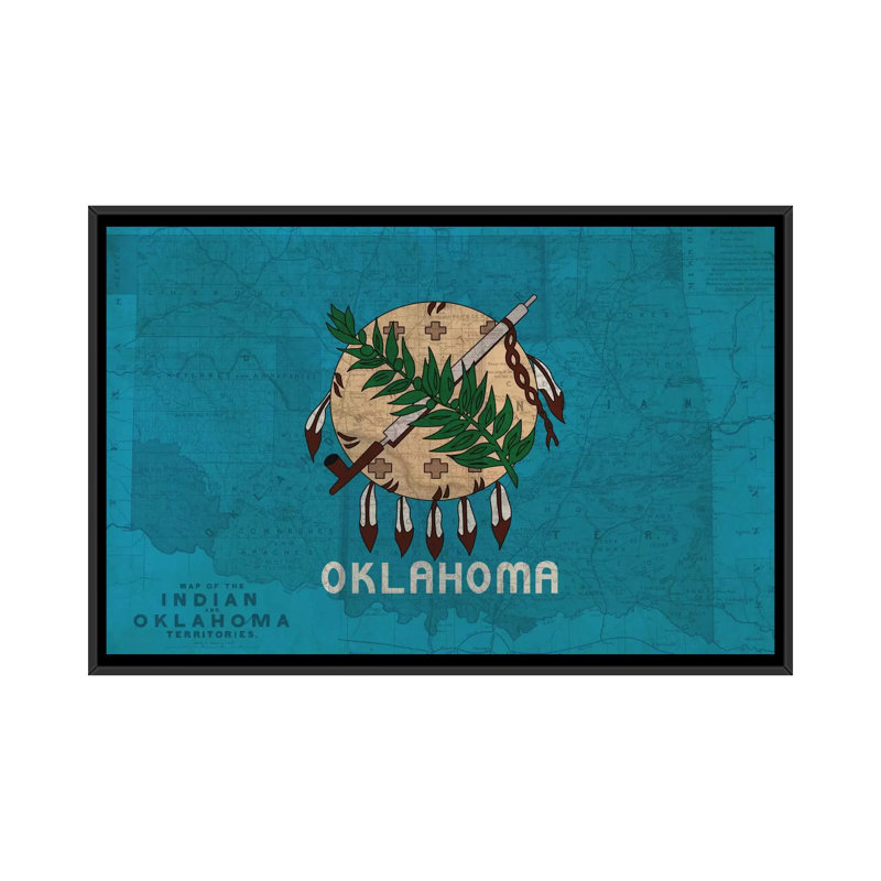«Flags Oklahoma Map», impression sur toile, H 18 po x l 26 po x P 1,5 po, Toile avec cadre noir, Pas de tapis