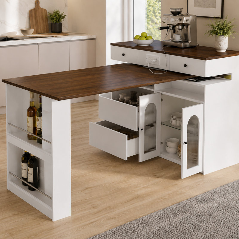 Îlot de cuisine 47 po avec table de salle à manger rotative extensible, prise de courant intégrée, 4 tiroirs et armoire de rangement avec porte en verre