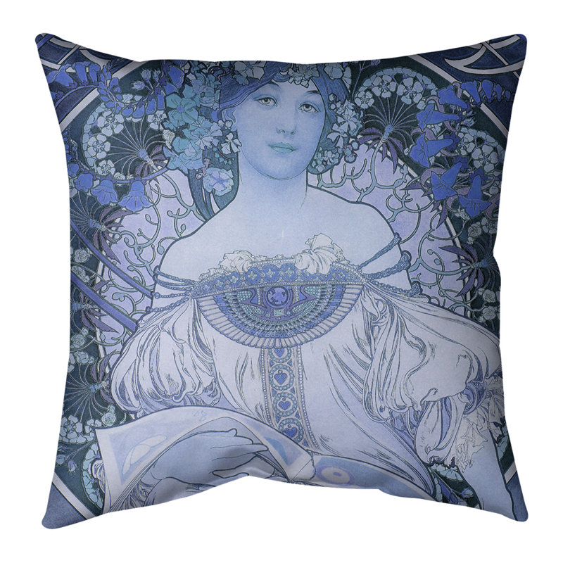 Alphonse Mucha Faux Suede Reversible Throw Pillow, Blue, 20" x 20", Poly Fill Insert