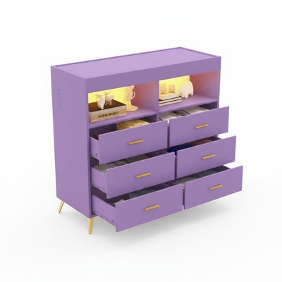 Changing Table Dresser with Drawers, Baby Dresser with Changing Table Top, Power Outlet, LED Light & Metal Feet, Diaper Changing Station Nursery Organ