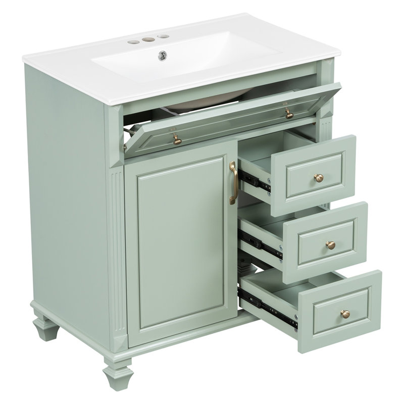 Meuble-lavabo de 30 pouces avec lavabo, meuble-lavabo autoportant vert avec tiroir rabattable, 3 tiroirs et armoire de rangement, bois massif et panneau de fibres à densité moyenne, plateau de lavabo en céramique