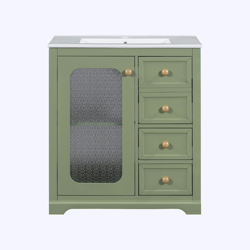 meuble-lavabo de salle de bain avec porte en verre à fermeture en douceur, tablettes réglables et trois tiroirs, Vert
