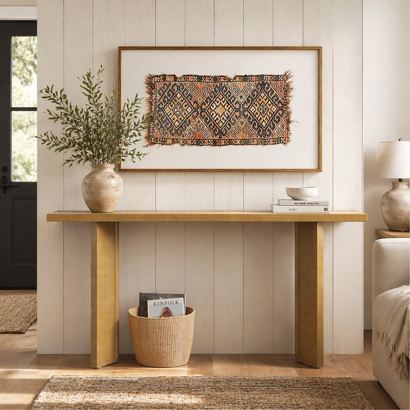 Pine Veneer Console Table, Modern Entryway Sofa Table with Geometric Metal Legs for Living Room Study Dining Room, Natural