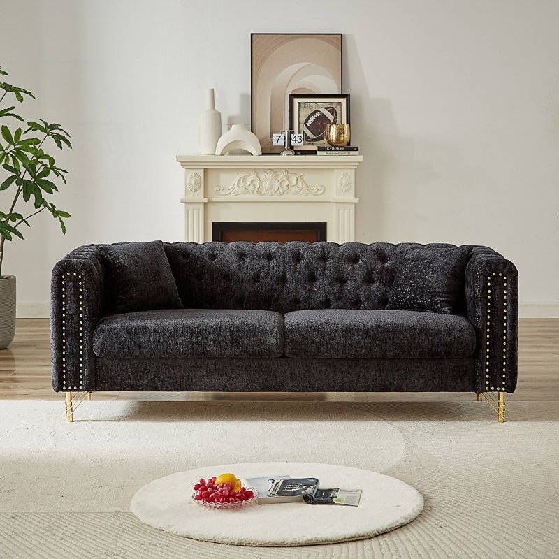 Buckle Design Sofa, Button Tufted Sofa With Copper Nail Decoration Armrest, Modern Couch, Comfy Couch