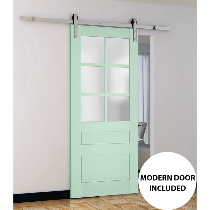 Porte de grange robuste en verre dépoli Veregio 7339 Oliva, supports de rail de 2 m (6,6 pi), quincaillerie robuste, portes intérieures à panneaux pleins - 76 cm x 213 cm (30 po x 84 po) - Rail argenté
