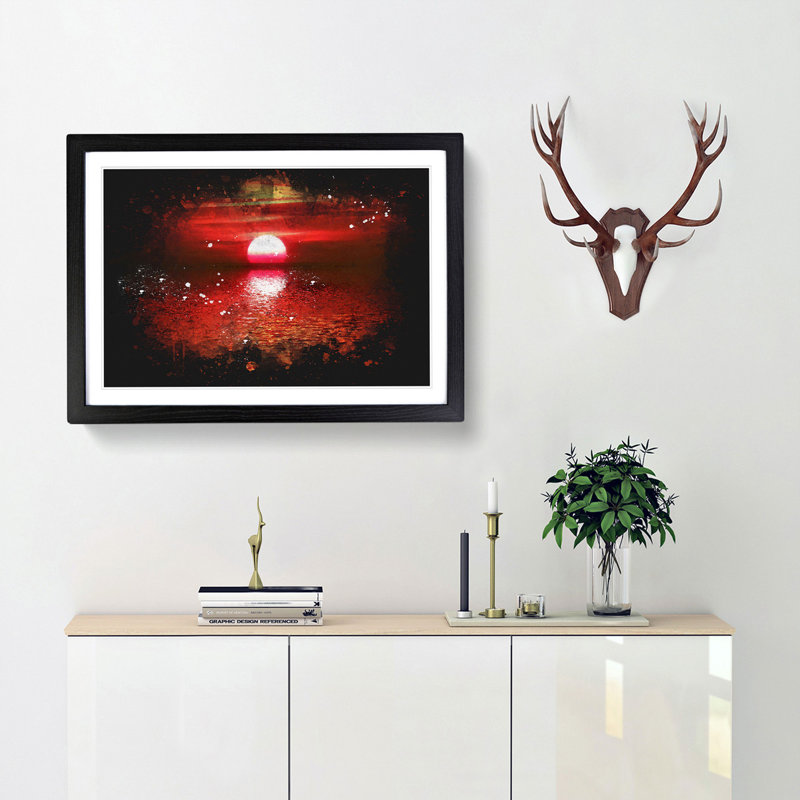 Red And Orange Sunset Above The Sea - Single Picture Frame Print on MDF, 62cm H x 87cm W x 2cm D, Black Framed